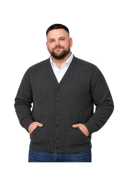 Battalmoda Erkek Büyük Beden Antrasit Cepli Düğmeli Triko Hırka 3xl-4xl-5xl-6xl