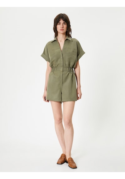 Koton Oversize Şort Tulum Gipeli Cep Detaylı Kısa Kollu Haki 4SAK80007UW Haki