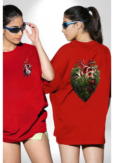 Doğanın Kalbi Yeşillikler Kalp Kırmızı Oversize Unisex Ön Ve Sırt Baskılı Tişört Kırmızı