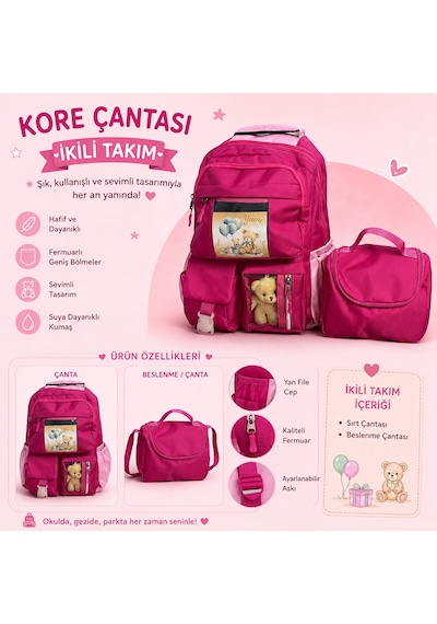 Kore Tarzı Ayıcıklı Kız Çocuk İlkokul Çantası Ve Termal Beslenme Çantası 2'li Set Pembe