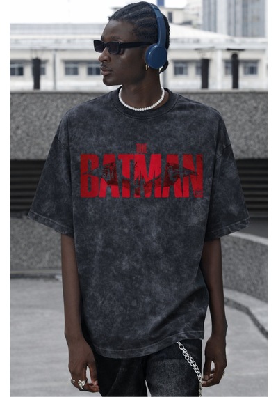 The Batman Kahraman Baskılı Unisex Oversize Vintage Yıkamalı Tişö Siyah