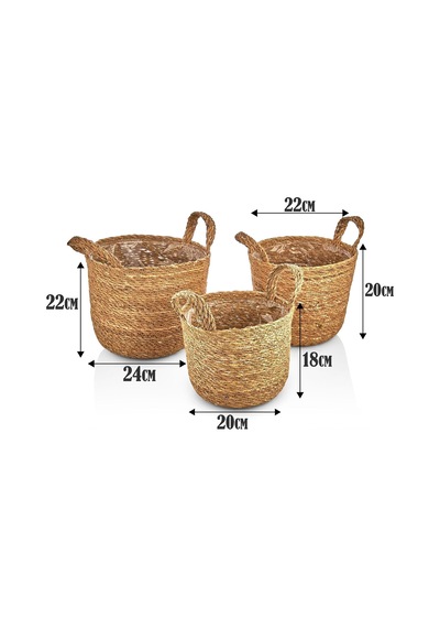 3'lü El Yapımı Doğal Hasır Kulplu Yuvarlak Saksı Seti, Hasır El Yapımı Suya Karşı Koruma Poşetli Yuvarlak Örgü Saksı 3'lü Set, Rattan Saksı Seti, 24cm 22cm-22cm 20cm-20cm 18cm 001