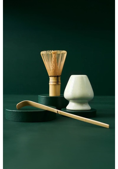 3 Parça Matcha Çayı Fırça Ve Bamboo Whisk Tutucu Ve Bambu Kaşık Set Mt155 Yeşil
