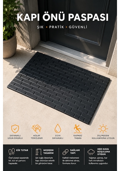 Kapı Önü Paspas 75x45 Cm Kaymaz Tabanlı Yıkanabilir Çok Amaçlı Dış Mekan Paspası siyah