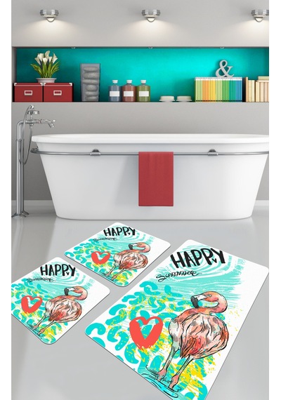 Happy Flamingo 3 Lü Set Djt Banyo Halısı Kaymaz Tabanlı Klozet Takımı Paspas Seti Çok Renkli