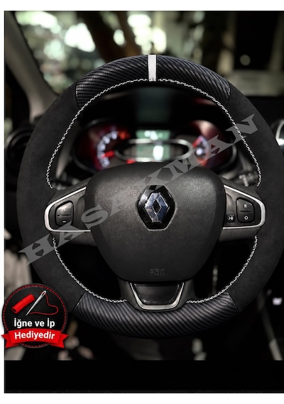 Renault Zoe Dikme Direksiyon Kılıfı Alcantara Süet Mat Karbon Beyaz Yüzük Ve Dikiş 2012-2019
