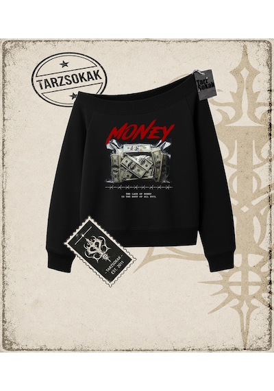 Tarzsokak Gotik & Grunge Streetwear Lack Of Money Kayık Yaka Sweatshirt Siyah