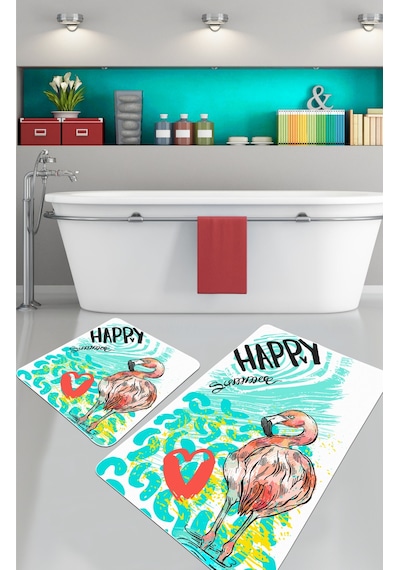Happy Flamingo Colorful 2 Li Set Yıkanabilir Kaymaz Taban Banyo Halısı,Paspası Çok Renkli