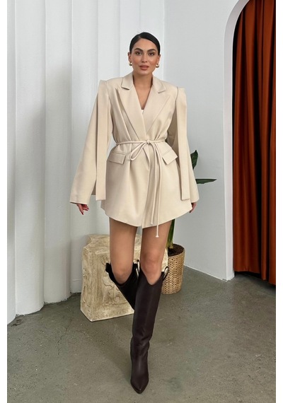 Msm Fashion Kadın Oversize Blazer Ceket Kuşaklı Omuz Detaylı Bej