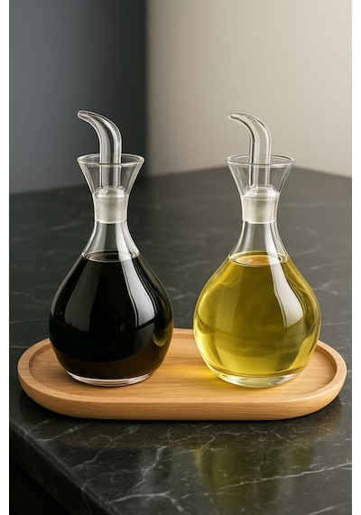 Reoona 2 Adet Borosilikat Tombul Düz Cam Yağdanlık Yağlık Ve Sirkelik Seti 900 Ml+900 Ml Bambu Standlı Şeffaf - Şeffaf