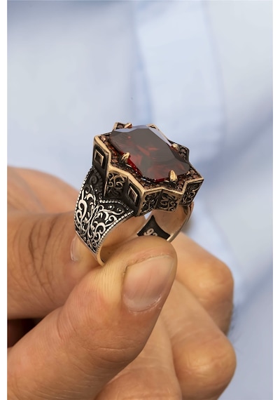 Kırmızı Zirkon Taşlı Yıldız Motif Gümüş Erkek Yüzük -8428 Gümüş