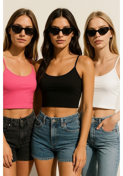 Rich Kadın 3'lü Paket Siyah Beyaz Pembe Kısa Crop İp Askılı Kayık Yaka Krop Bluz Büstiyer Çok Renkli