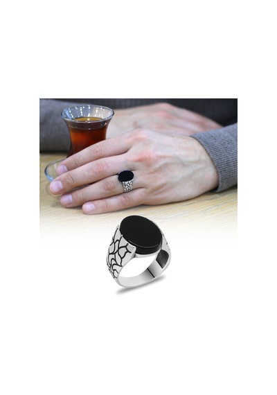 Oval Oniks Taşlı Delta Tasarım 925 Ayar Gümüş Erkek Yüzük (528143130)