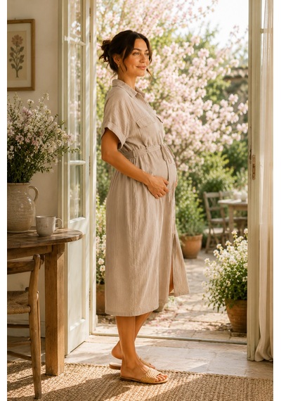 Luvmabelly Myra5862 Doğal Yumuşacık Müslin Kumaş - Yazlık Gömlek Hamile Elbise - Bej