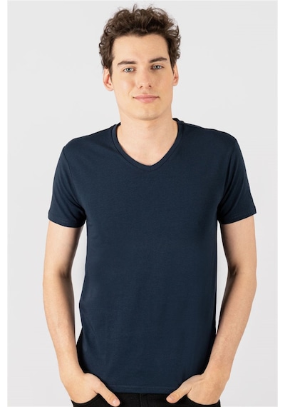 Tudors Slim Fit Dar Kesim V Yaka Düz Basıc Kısa Kol T-Shirt-16656 Lacivert