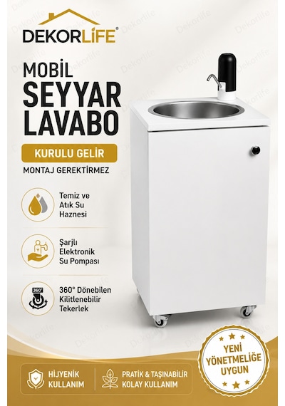 Yeni Yönetmeliğe Uygun Seyyar Mobil Lavabo Paslanmaz Evyeli 10 L Çift Hazneli Şarjlı Musluklu Tekerlekli Lavabo Beyaz
