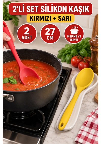 2'li Set Kırmızı Sarı Büyük Boy Silikon Kaşık 27 Cm Mutfak Yemek Pişirme Ve Servis Kaşığı Sofra İçin
