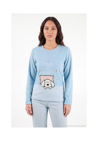 Lela Çizgili Yumuşak Kışlık Polar Pijama Takımı Kadın Pijama Takımı 6575030 Mavi