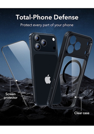 Esr Apple Uyumlu iPhone 17 Pro Max Kamera Kontrol Koruma Butonlu Classic Hybrid Magsafe Kılıf+cam li Set Şeffaf Siyah