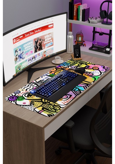 İllüstrasyon Kaymaz Dikişli Kauçuk Oyuncu Mousepad V3 - 90x40 Xxl Gaming Mouse Pad Fare Altlığı