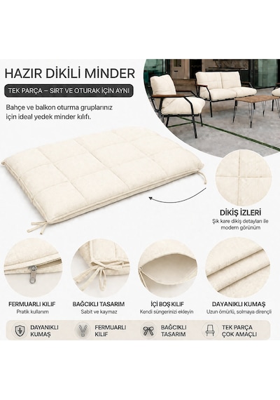 Bahçe Balkon Oturma Grubu Minder Kılıfı Krem 60x110 Cm 1 Adet Süngersiz, Hazır Dikili, Fermuarlı Yedek Minder Kılıfı Krem