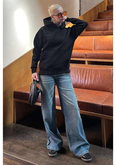 Siyah Kapüşonlu Şardonlu Oversize Cepli Sweatshirt Mg2206