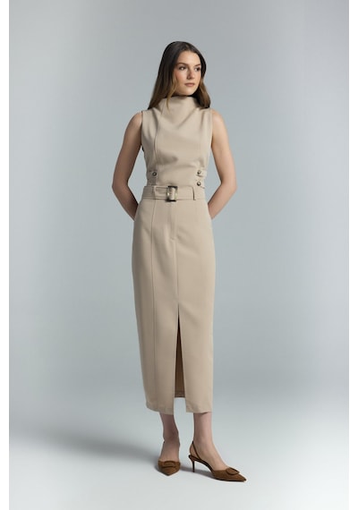 Sateen Jessi Yırtmaçlı Etek - Camel-137286