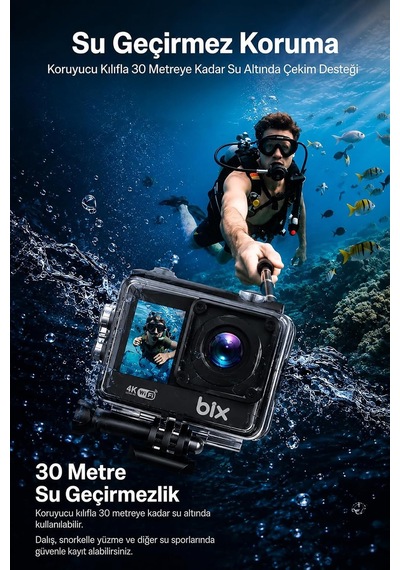 4k Ultra Hd Wi-fi Aksiyon Kamerası 20 Mp Çift Ekranlı 30 Metre Su Geçirmez Genel
