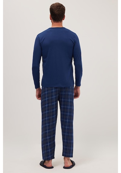 Tudors Erkek Regular Fit Pamuklu Düğmeli Yaka Beli Lastikli Desenli İndigo Pijama Takımı-39789