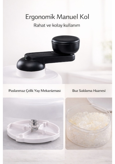 Manuel Buz Kırma Aparatı 500 Ml Hazneli, Kol Çevirmeli Ice Crusher, Slushie Ve Frozen İçecek Yapıcı Beyaz