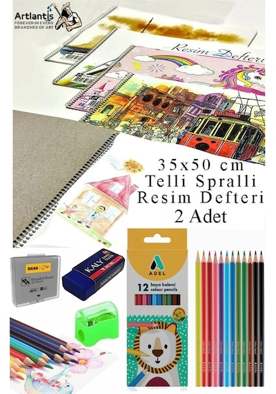 12 Renk Adel Kuru Boya 35x50 Cm Telli Spralli Resim Defteri Hamur Silgi Kalemtraş 15 Yaprak Resim Defteri Kuruboya Kalem Çok Renkli