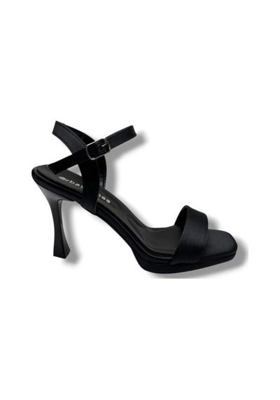 Erbay 600-26 Parlak Saten Tek Bant Orta Topuk Kadın Sandalet 10cm Siyah