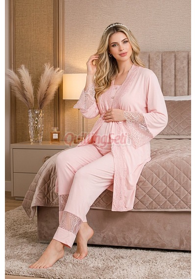 Lady Pembe Renkli, Derin Patlı, Dantel Detaylı 33002 Sabahlıklı 3lü Lohusa Hamile Pijama Takımı Açık Pembe