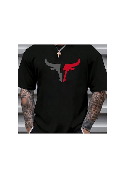 Caddemia Yaz Rahat Rahat Gevşek Kesim Artı Boyutu Boğa Desenli Baskı Spor Yuvarlak Siyah 2XL Caddemia Yaz Rahat Rahat Gevşek Kesim Artı Boyutu Boğa Desenli Baskı Spor Yuvarlak Siyah 2XL