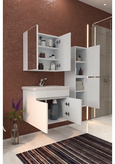Makbulce Tokyo Havlu Dolaplı 65cm Seramik Lavabolu Mdf Aynalı Banyo Dolabı Beyaz Makbulce Tokyo Havlu Dolaplı 65cm Seramik Lavabolu Mdf Aynalı Banyo Dolabı Beyaz
