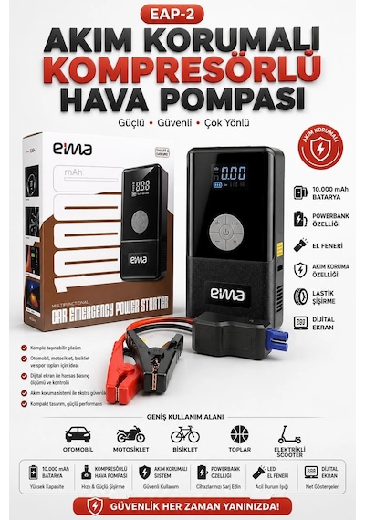 Eima 10000 Mah Akü Takviye Cihazı Kompresörlü Hava Pompası Powerbank Dijital Ekranlı El Fenerli Araç