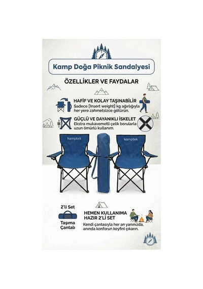 Kamptek Katlanır Kamp Doğa Piknik Sandalyesi Taşıma Kılıf Hediyeli Lacivert 2li Set Kamp Doğa Lacivert