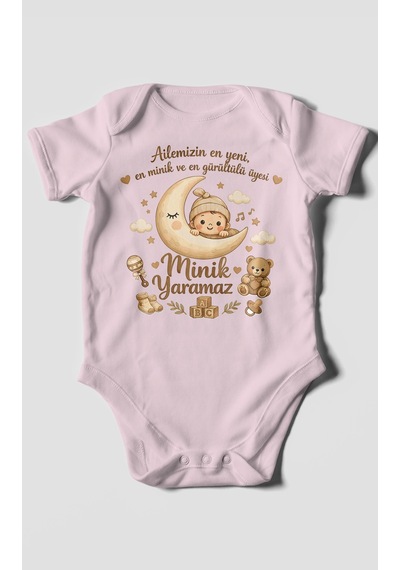 Morivokids Ailemizin En Yeni Yazılı Kısa Kollu Bebek Body %100 Pamuk Bebe Pembe