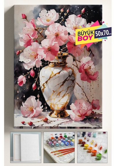 Sayılarla Boyama Seti Numaralı Tuval Fırça Boya Dahil Kasnaklı Set 50x70 Cm - Pembe Vazo