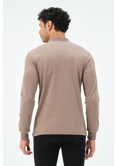Fermuarlı Uzun Kollu Regular Fit Erkek Polo Yaka T-shirt Vizon
