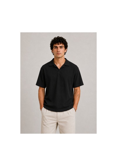 Parshey Regular Fit Fitilli Patlı Polo Yaka Erkek Tişört Premium Ottoman Kumaş Siyah