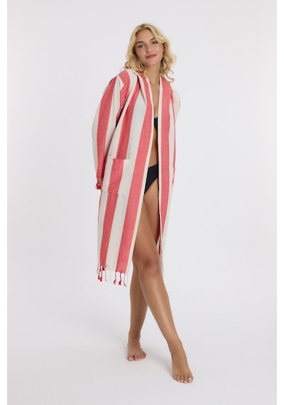 Mulberry Striped Peştemal Bornoz Banyo Ve Plaj Elbisesi Kırmızı