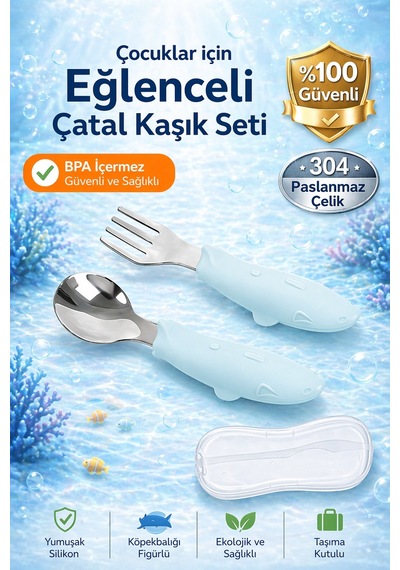 Jojobebek Balık Figürlü Çocuk Paslanmaz Çelik Çatal ve Kaşık Seti, Saklama Kutusu (Buz Mavisi Renk) Mavi