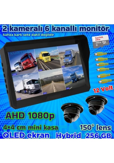2 Adet 1080 P Ahd 150'' Ultra Mini Kamera 6 Kanallı Monitör 12 V