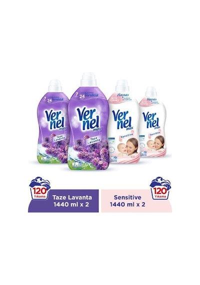 Vernel Max Konsantre Çamaşır Yumuşatıcısı Taze Lavanta 2 x 1440 ML + Sensitive 2 x 1440 ML