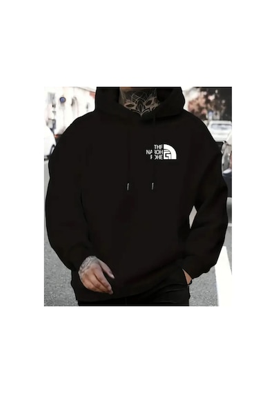 Herkesemoda Göğüs Baskı Yazı Detaylı İçi Polarlı Kapüşonlu Sweatshirt Siyah