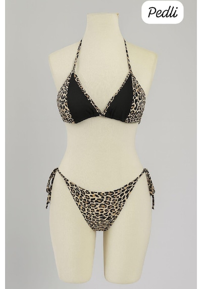Modadua Kadın Siyah Ve Leopar Detaylı Yandan Bağlamalı Bikini Takımı