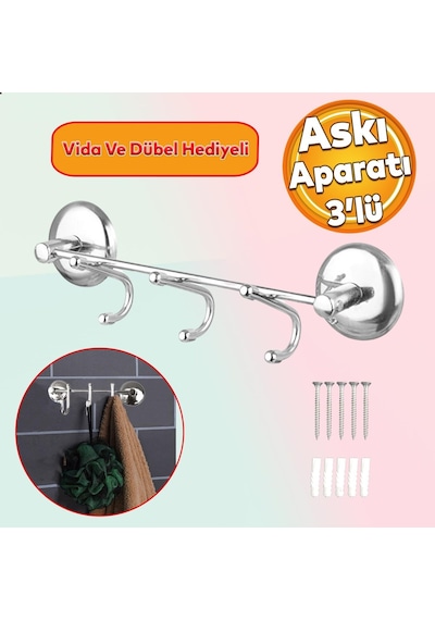 Feyzayapı Banyo Lavabo Vidalı Askılık 3'lü Metal Sağlam Aparat Krom Askılık Elbise Havlu Asma Askı Genel