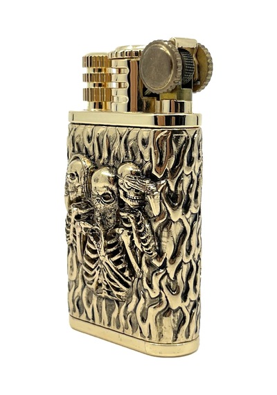 Chief Retro Gold Üç İskelet Kabartmalı Metal Çakmak - Koleksiyonluk Seri Sarı