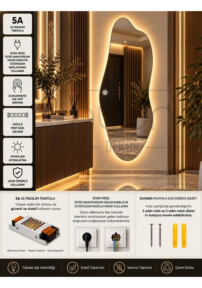 150x50 Dokunmatik Led Işıklı Asimetrik Boy Aynası Gün Işığı